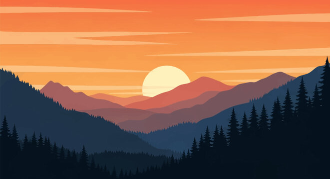 Flat vector illustration of a layered mountain landscape at sunset featuring silhouetted pine trees, a large yellow sun, and a gradient orange sky with thin horizontal cloud lines.