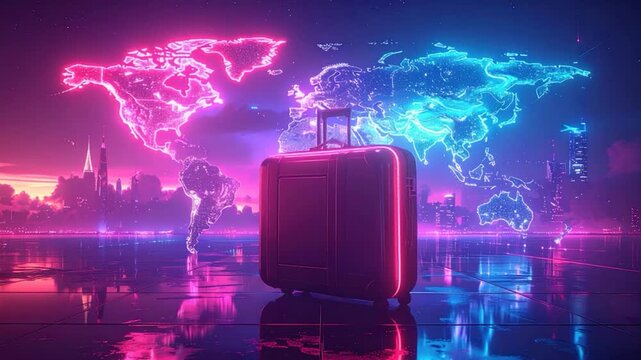 Neon-lit suitcase stands before a world map, city lights reflect