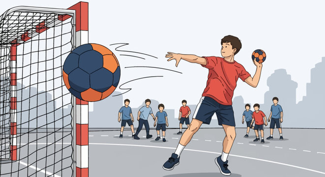 Vector style illustration of a young boy in a red t-shirt throwing a handball towards a goal post, featuring team players on an outdoor urban sports court with a city skyline backdrop.