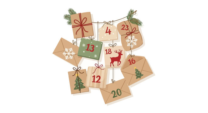 Vector illustration of a handmade Christmas advent calendar featuring numbered kraft paper envelopes, gift parcels, and tags hanging from string with fir branches on a white background.