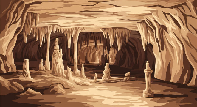 Detailed vector illustration of limestone cave interior in Leon, Spain, with stalactites, stalagmites, and rock pillars in monochromatic brown and sepia color scheme.