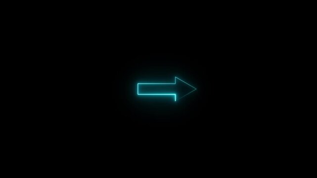 Arrow - shaped neon sign left to right. Glowing cyan neon arrow symbol icon. Directional sign arrow points to the right on black screen.