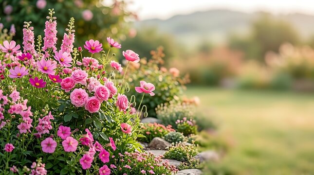Vibrant pink flower bed in a sunny summer garden