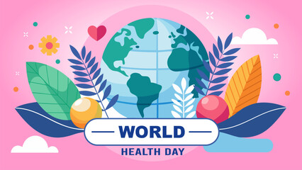Fototapeta premium Colorful World Health Day illustration with globe and decorative elements, suitable for healthcare campaigns, wellness events and medical awareness promotions.