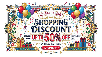 Fototapeta premium Shopping discount banner with colorful balloons.