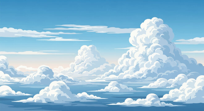 Vector illustration of stylized white fluffy cumulus clouds in bright blue sky. Clean lines anime aesthetic with cel-shaded shadows for background environment or scenic landscape.