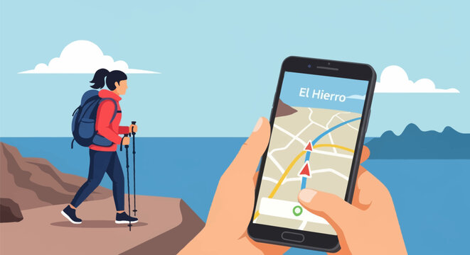 Vector illustration of female hiker with backpack and poles on a cliff, foreground hands holding smartphone with GPS map of El Hierro island coastal trail navigation.
