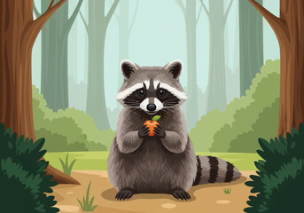 Naklejka premium A vector illustration of a furry raccoon sitting in a forest clearing holding a small orange fruit with a leaf, surrounded by green foliage and vertical tree trunks.