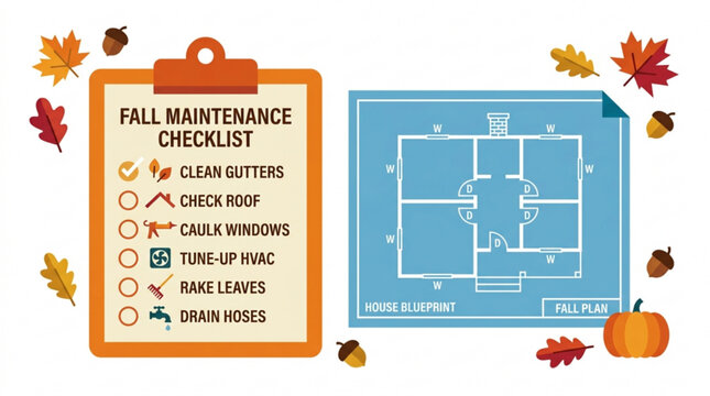 Fall home maintenance checklist with house blueprint and seasonal autumn elements for residential property care and seasonal preparation planning guide