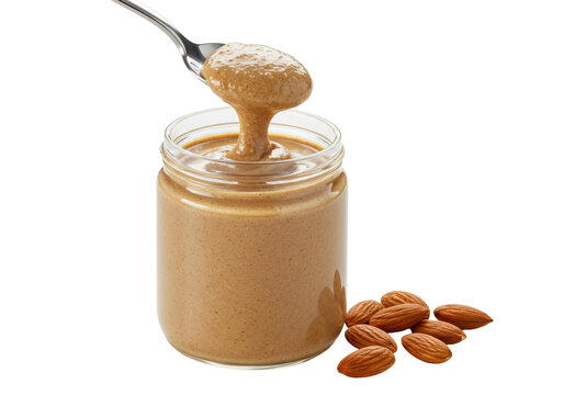 Close-up of clear cylindrical glass jar with creamy light golden-brown almond butter, a silver spoon mid-scoop, and roasted almonds on transparent. Appetizing healthy food advertising concept