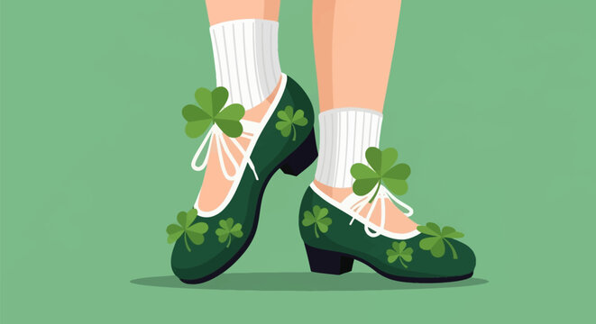 Vector illustration of green Irish dance heavy shoes adorned with shamrock clovers and white laces, shown on legs wearing poodle socks against a solid green background.