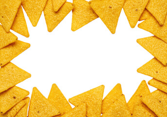 Naklejka premium Vibrant golden-yellow triangular tortilla chips with crisp texture, artfully arranged on a transparent background with expansive copy space, concept for snack food advertising
