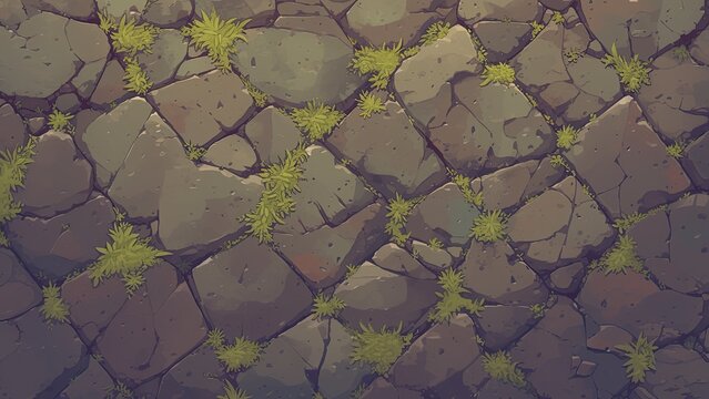 草が生える石畳 ひび割れた自然石の背景テクスチャ
