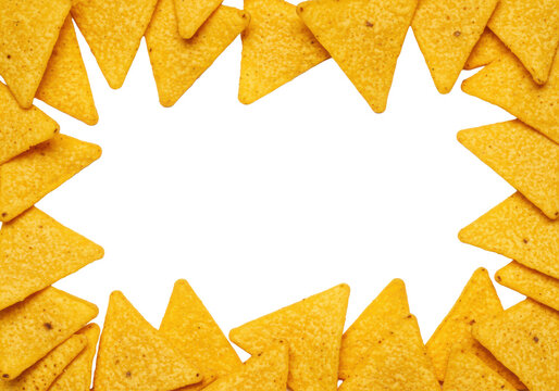 Vibrant golden-yellow triangular tortilla chips with crisp texture, artfully arranged on a transparent background with expansive copy space, concept for snack food advertising