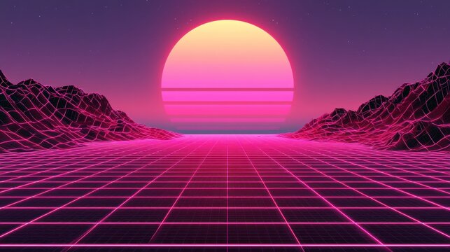 Retro sunset over neon grid landscape