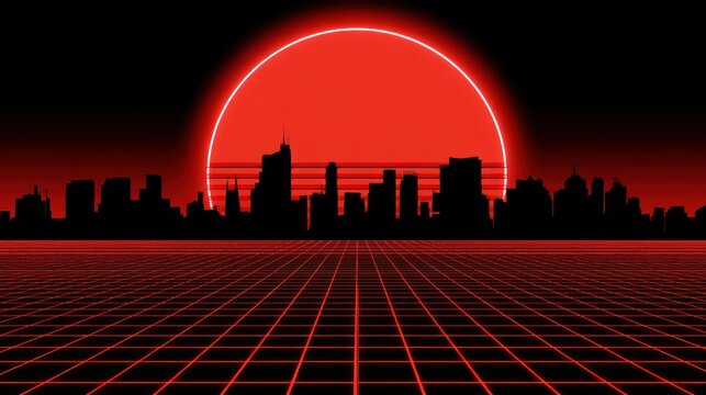 Retro cityscape with neon sun and grid landscape
