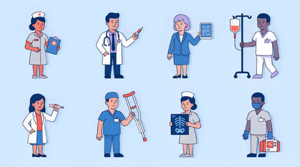 Fototapeta premium Flat Design Medical Professionals And Equipment Set: Doctors, Nurses, Syringe, Clipboard, IV Drip, Crutches, X-ray
