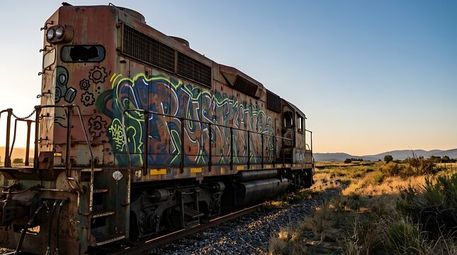 Abandoned rusted locomotive with graffiti on tracks at sunset