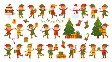 Fototapeta premium Flat Festive Christmas Elves Collection with Gifts, Snowman, Trees, Cake and Decorations, Cartoon Characters for Holiday Design. Vector Illustration.
