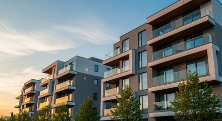 Fototapeta premium Modern Residential Apartment Buildings with Balconies at Sunset, Contemporary Urban Architecture and Real Estate Concept