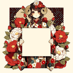 Fototapeta premium ２０２７年の干支である羊をモチーフにした日本のアニメ風年賀状イラスト、和風、着物、女の子、角、花柄、椿、メッセージカード、正月、迎春、賀詞、背景、装飾、フレーム、かわいい、華やか、縁起物、伝統柄、和装、冬、挨拶、テンプレート、コピースペース、広告、販促、印刷素材、年始、祝い、ポスター、カードデザイン、和モダン、記念素材、新春、壁紙、表紙、季節感、和テイスト、ポストカード、年賀素材、背景素材、和雑貨