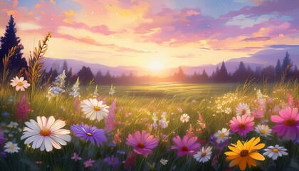 Fototapeta premium A Meadow Filled With Pastel Pink Lilac White And Yellow Wild Flowers And A Soft Summers Evening D Illustration