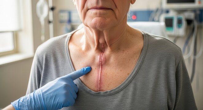 Elderly Patient with Heart Surgery Scar on Chest Being Examined by Medical Professional in Hospital