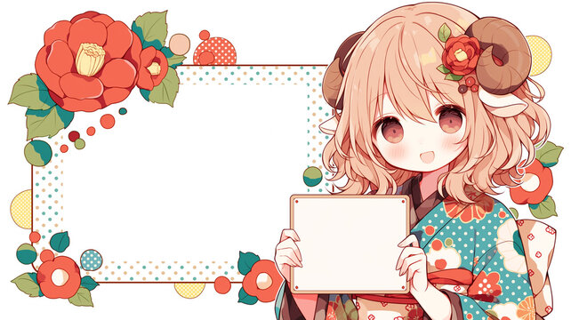 羊の角と花飾りが印象的な２０２７年用日本アニメ風メッセージカード、年賀状、着物、少女、和風、和柄、椿、かわいい、華やか、上品、正月、迎春、新春、賀詞、背景、装飾、フレーム、テンプレート、コピースペース、挨拶、祝い、年始、冬、縁起物、伝統、和装、カードデザイン、印刷素材、広告、販促、壁紙、表紙、ポスター、季節素材、人物イラスト、記念素材、ポストカード、デザイン素材、背景素材、台紙素材、招待状、和雑貨