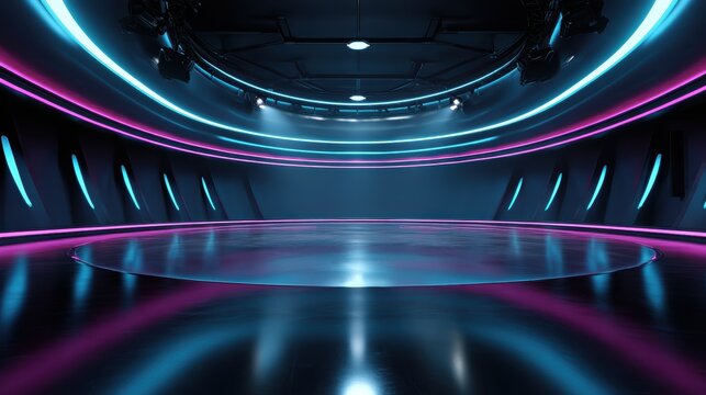 Empty futuristic TV studio stage with minimalist curved architecture and glossy black resin floor sharp reflections. Modern digital entertainment broadcast, talent competition and reality show concept