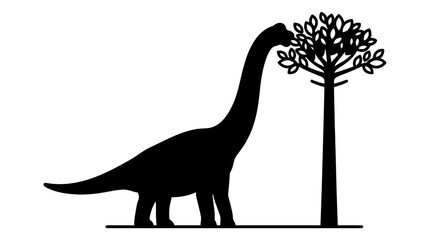 Brachiosaurus dinosaur silhouette eating leaves from a tall tree. © ombg