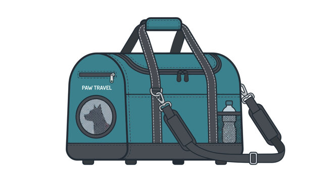 Blue pet travel carrier bag with dog silhouette logo.