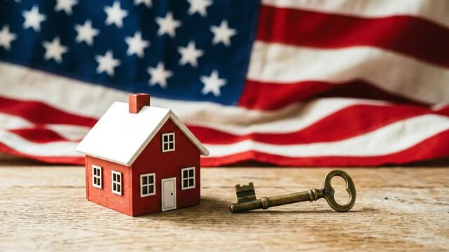 Toy house and key with USA flag.