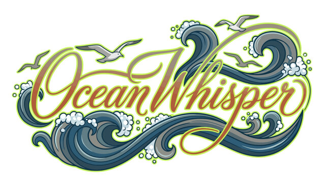 Ocean Whisper typography design with artistic waves and seagulls illustration.