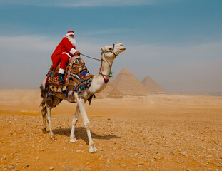 Fototapeta premium Festive Santa Claus rides a colorfully decorated white camel through the desert before the iconic Giza pyramids in Egypt ideal for quirky Christmas