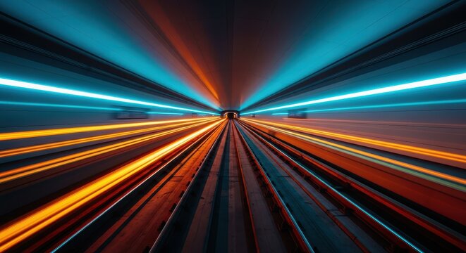 Futuristic High-Speed Train Tunnel with Vibrant Blue and Orange Light Trails in Motion Blur Perspective