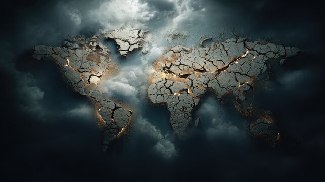 Global world map cracked like dry earth with glowing fault lines and fading national borders. Geopolitical risk and widespread instability affecting economy security and international relations.