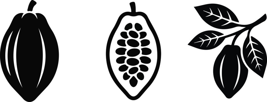 Cocoa pod and beans black silhouette icons