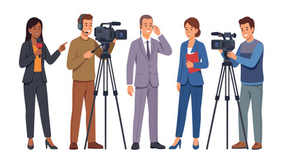 Vector illustration set of television news crew crew journalists anchors and cameramen working with professional broadcasting equipment © Ruma