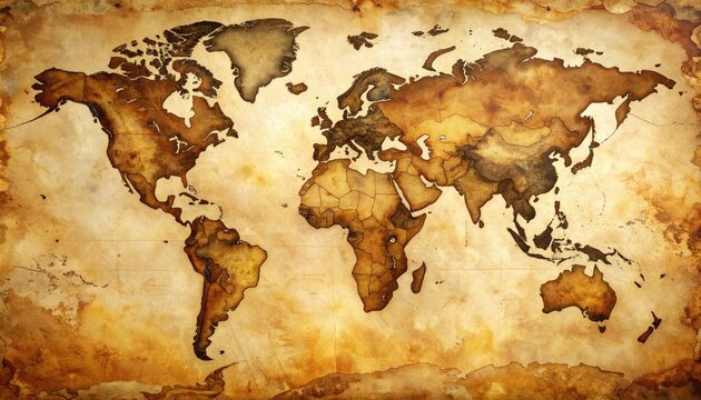 Vintage World Map Illustration with Aged Parchment Texture.