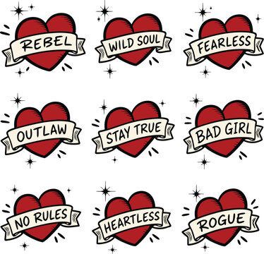 Hand Drawn Heart Banners with Bold Rebel Attitude Typography Vector Illustration