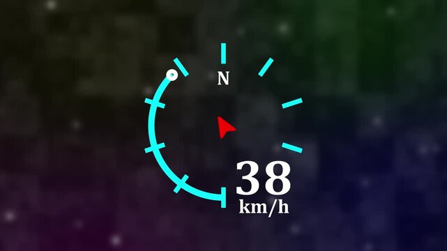 Digital HUD speedometer showing 75 km/h with compass navigation on dark bokeh background for automotive and travel technology themes