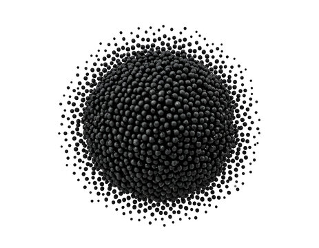 A large pile of small black balls on a white background with many small black dots around it creating a circular pattern