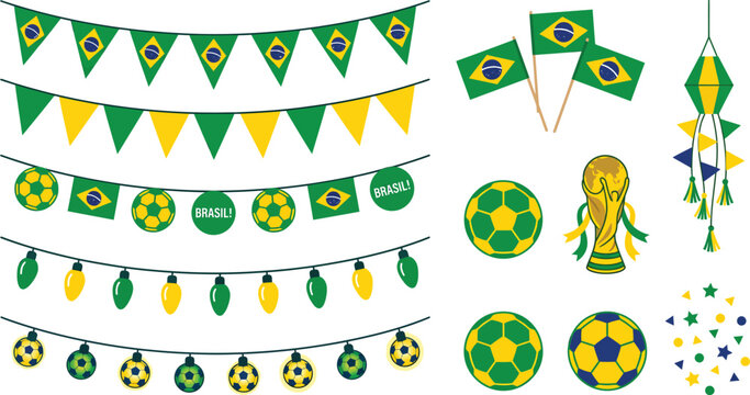 Brazilian flags soccer balls and festive decorations vector illustration