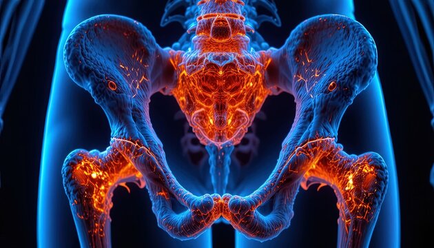 Glowing Hip Bone Structure with Red and Blue Medical Imaging