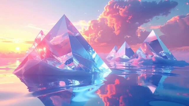 Crystal pyramids reflecting in calm water, bathed in a pastel sunset glow