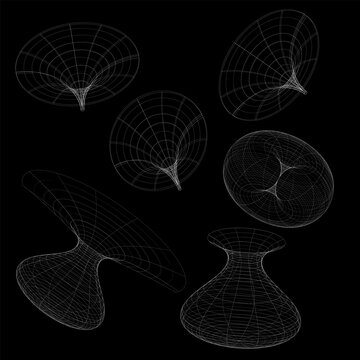 Abstract 3D wireframe geometric grid shapes with white line wormhole hyperbola and torus vector illustration. Simple dimensional mathematical physics matrix elements, minimalist linear mesh isolated o