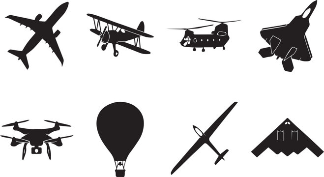 Aviation and aircraft black silhouettes set isolated on white background. Collection of flight vehicles icons including passenger airplane, vintage biplane, chinook helicopter, fighter jet, camera dro