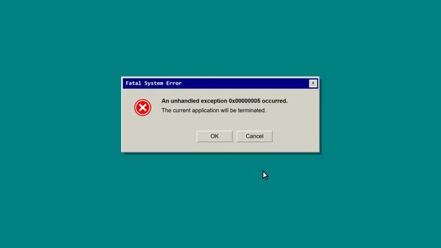 Retro Computer Fatal System Error Popups Vintage Operating System Crash Multiple Old Tech Alert Messages on Teal Screen