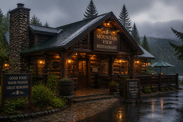 Obraz premium A rustic mountain view restaurant with warm lighting is nestled in a foggy, wooded landscape.