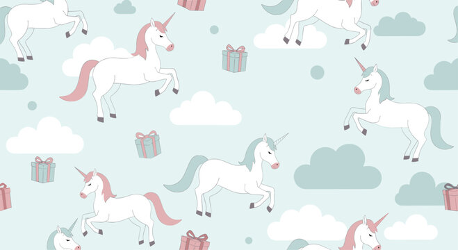 Magic unicorn seamless pattern with white horses, floating clouds, and gift boxes on light blue background for kids nursery decor.